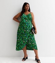 New Look Curves Green Animal Print Satin Midi Wrap Dress